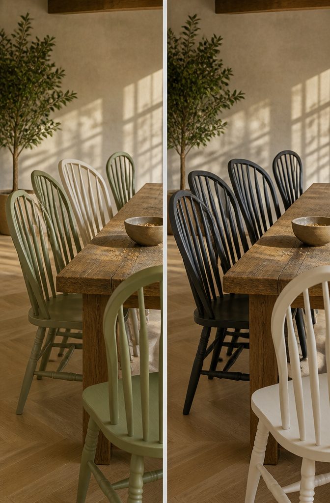 How to Mix Chair Colors: 7 Ideas That Work in Any Room 4 Identical dining chairs in sage and cream arranged around a table