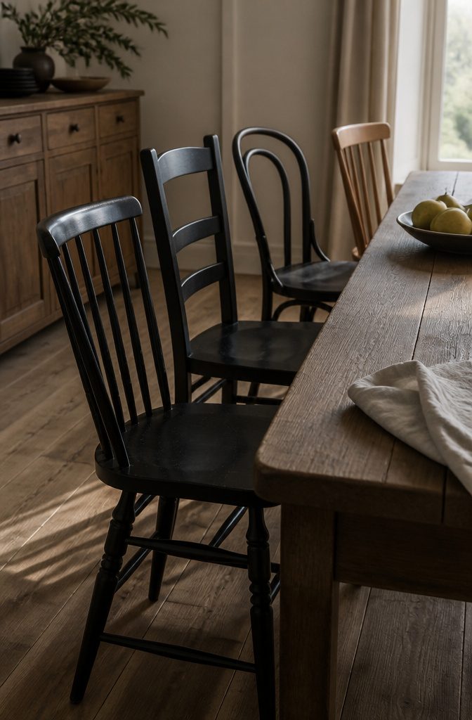 How to Mix Chair Colors: 7 Ideas That Work in Any Room 2 Black chairs with Windsor spindle backs, farmhouse ladder backs, and bentwood frames