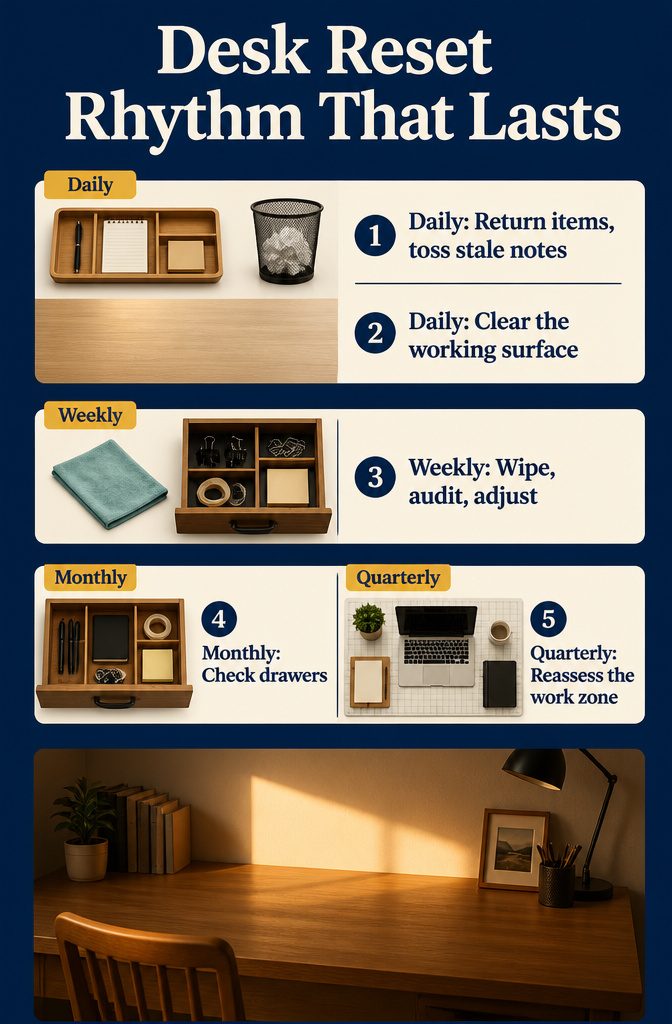 Desk reset rhythm infographic with daily weekly and monthly cleanup steps