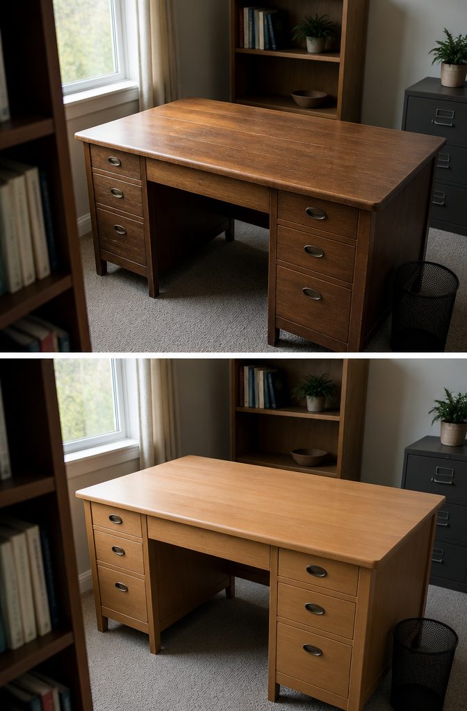 Bare desk surface cleared of supplies in a home office