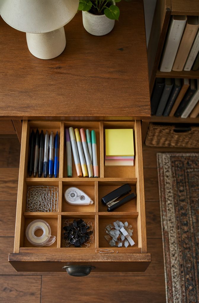 Desk organizer holding pens sticky notes paper clips and staples