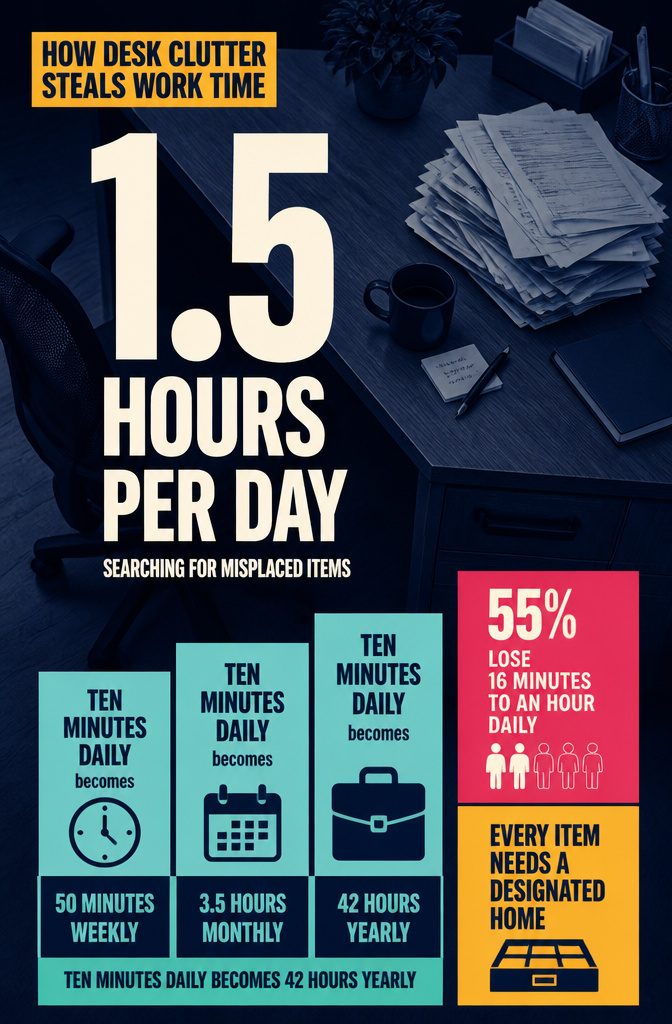 Desk clutter infographic with figures about time spent searching