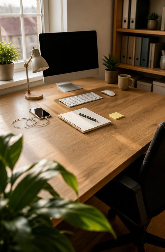 Desk work area with keyboard mouse notebook and pen