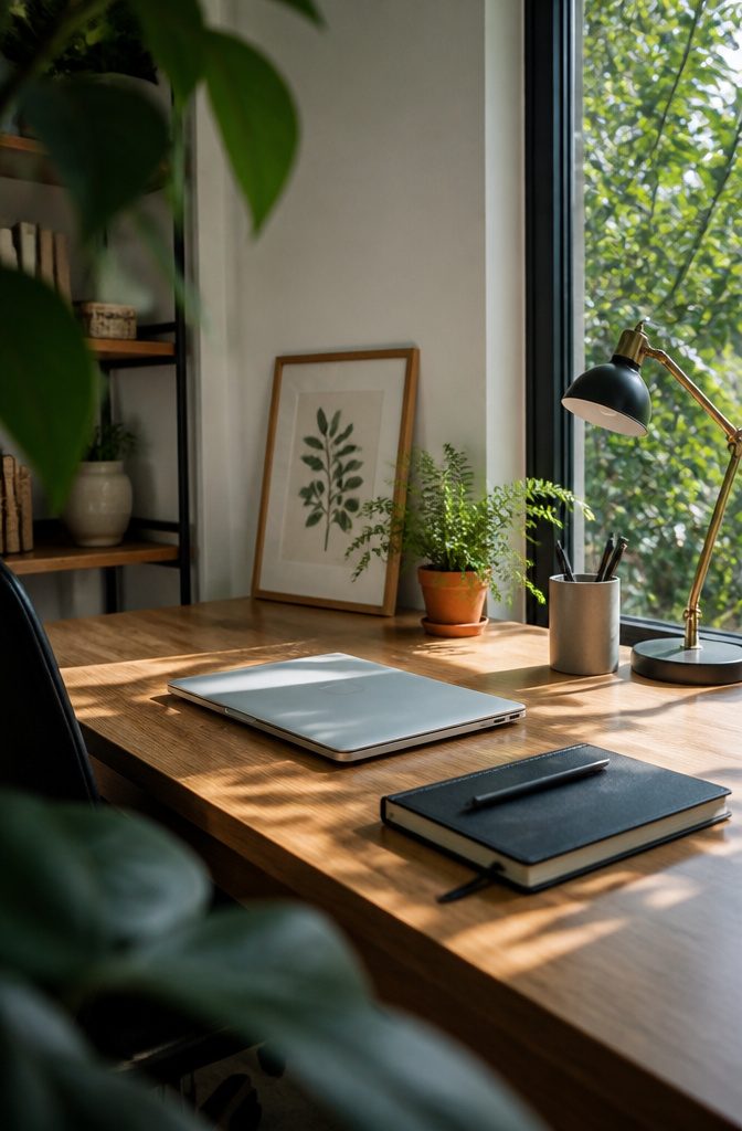 Desk corner with small fern framed botanical print pen cup and lamp