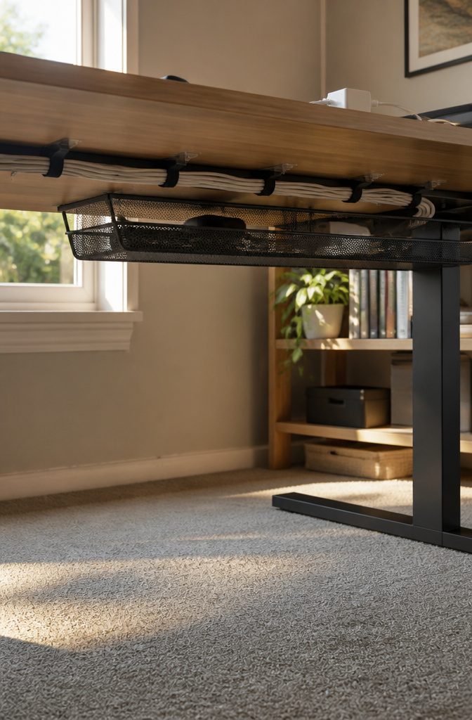 Under-desk cable bundle secured with ties beside a power strip