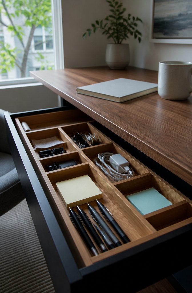 Open desk drawer with bamboo organizer and ten compartments