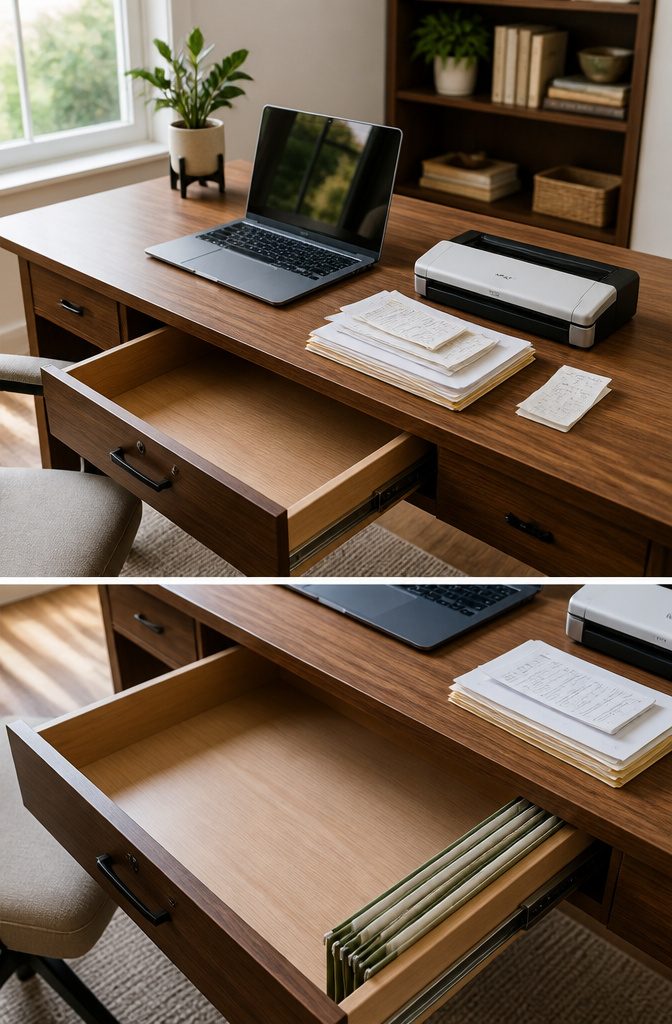 Computer monitor displaying a scanned document beside a clear desk