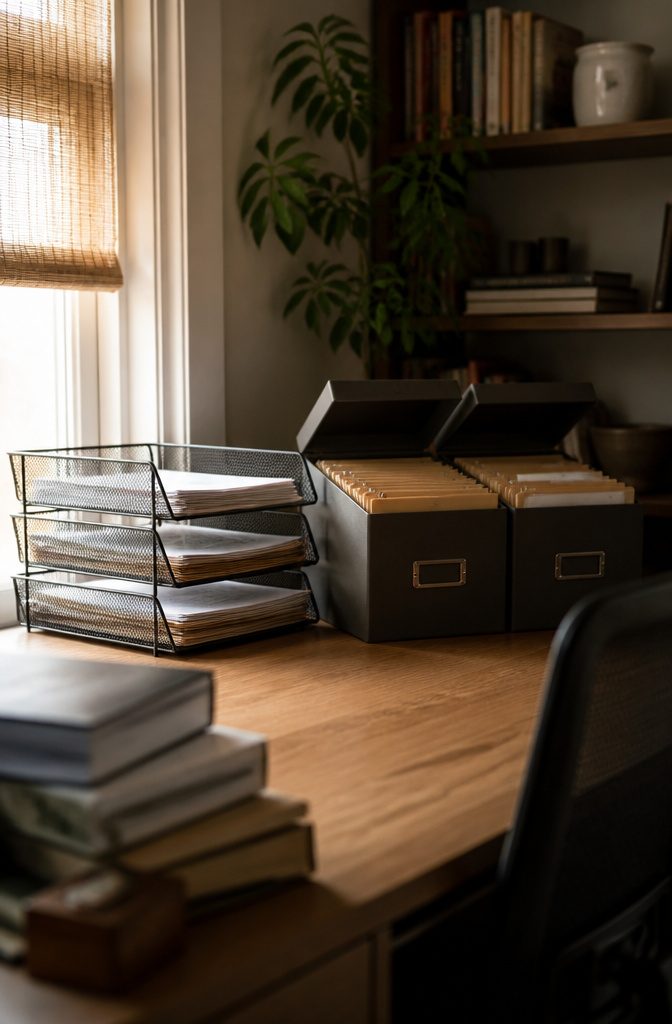 Desk corner with stacked mesh paper trays and filing boxes