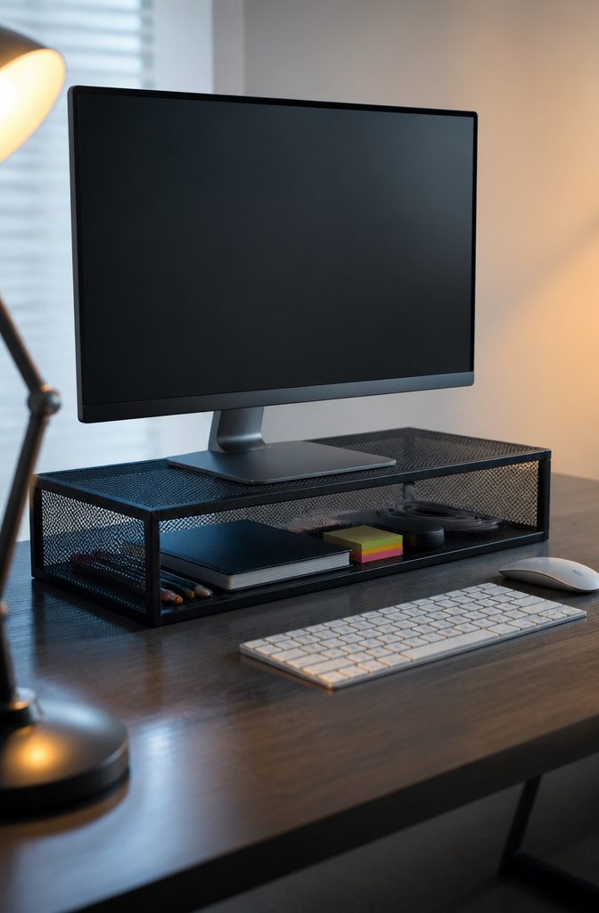 Monitor on metal mesh riser with desk supplies underneath
