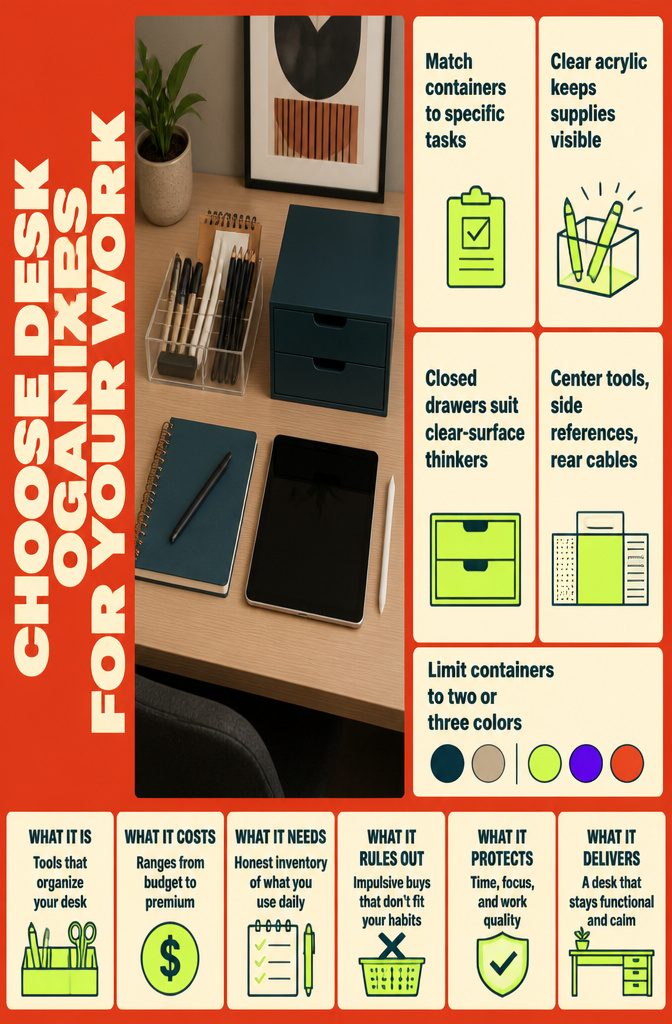 Desk organizer guide infographic showing storage choices for work tasks