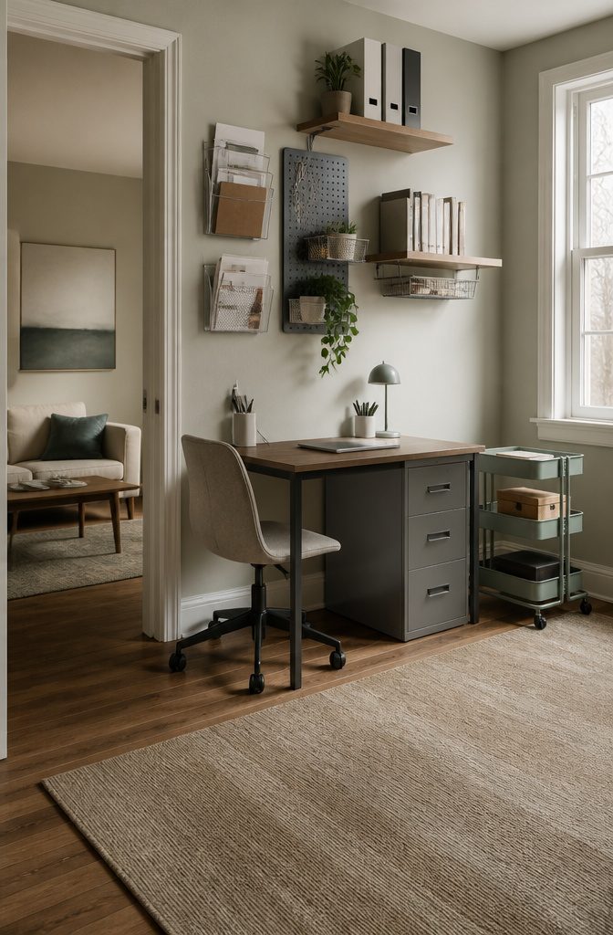 Home office desk with wall file holder pegboard and floating shelves
