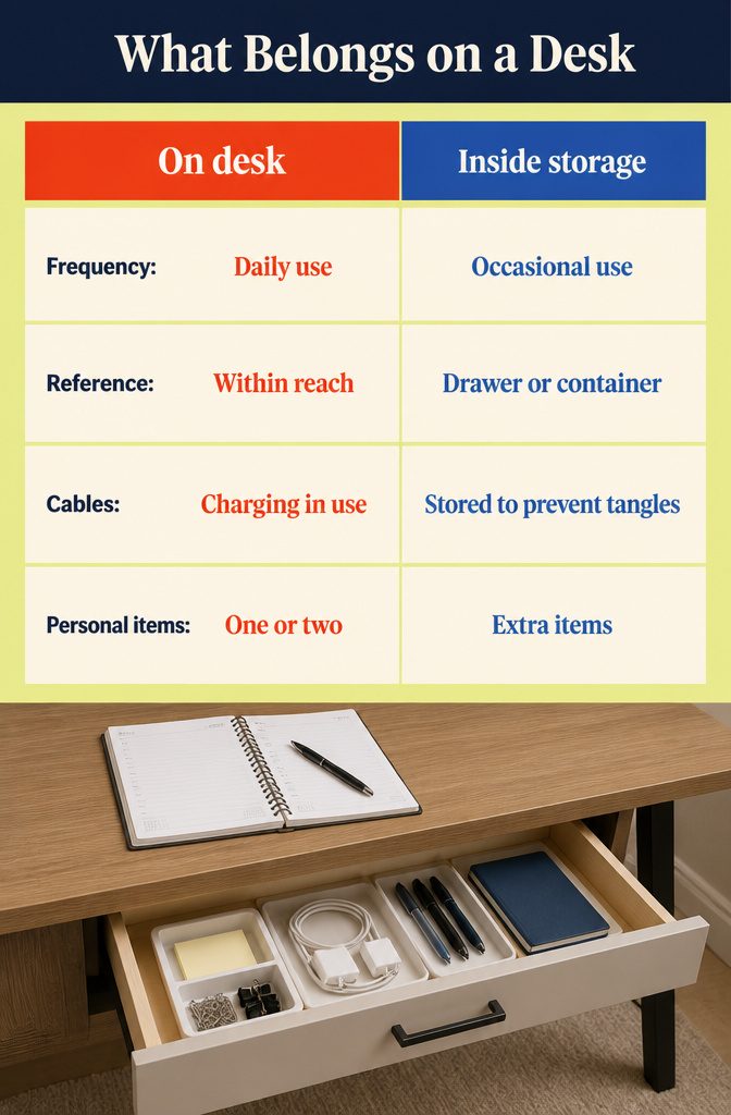 Desk storage infographic separating daily tools from supplies and files