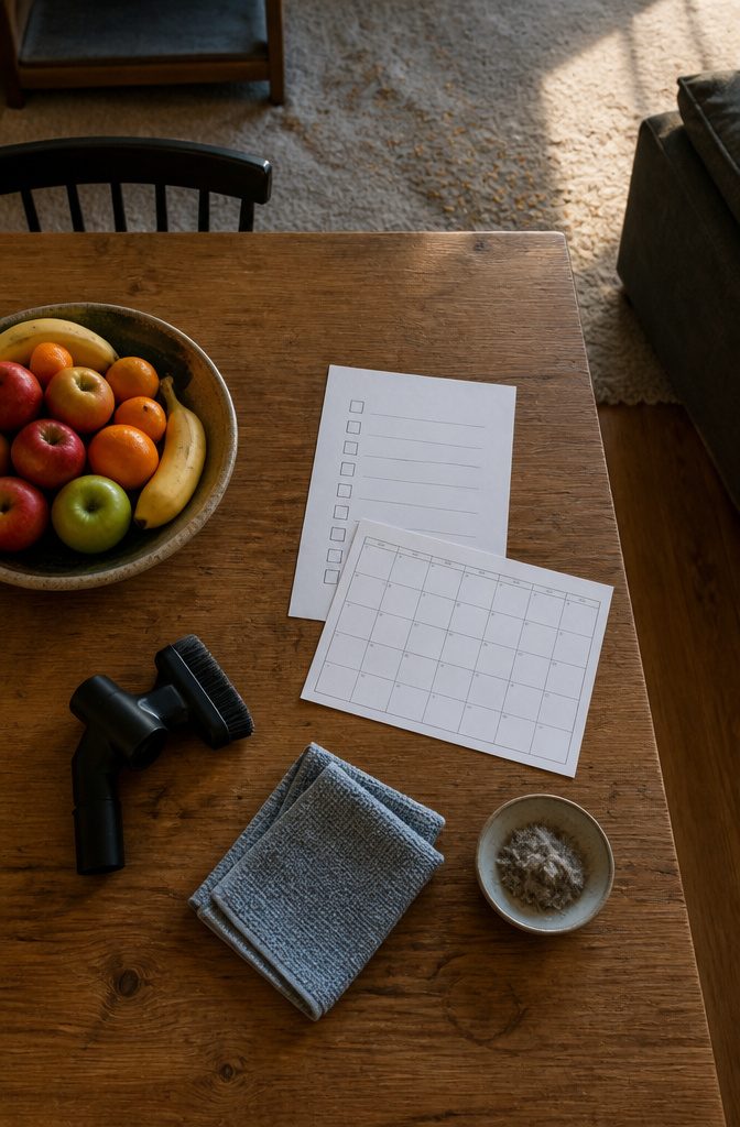 Home interior illustrating a household cleaning routine