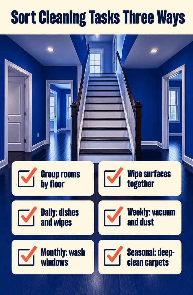 Cleaning task graphic grouping chores by room work type and frequency