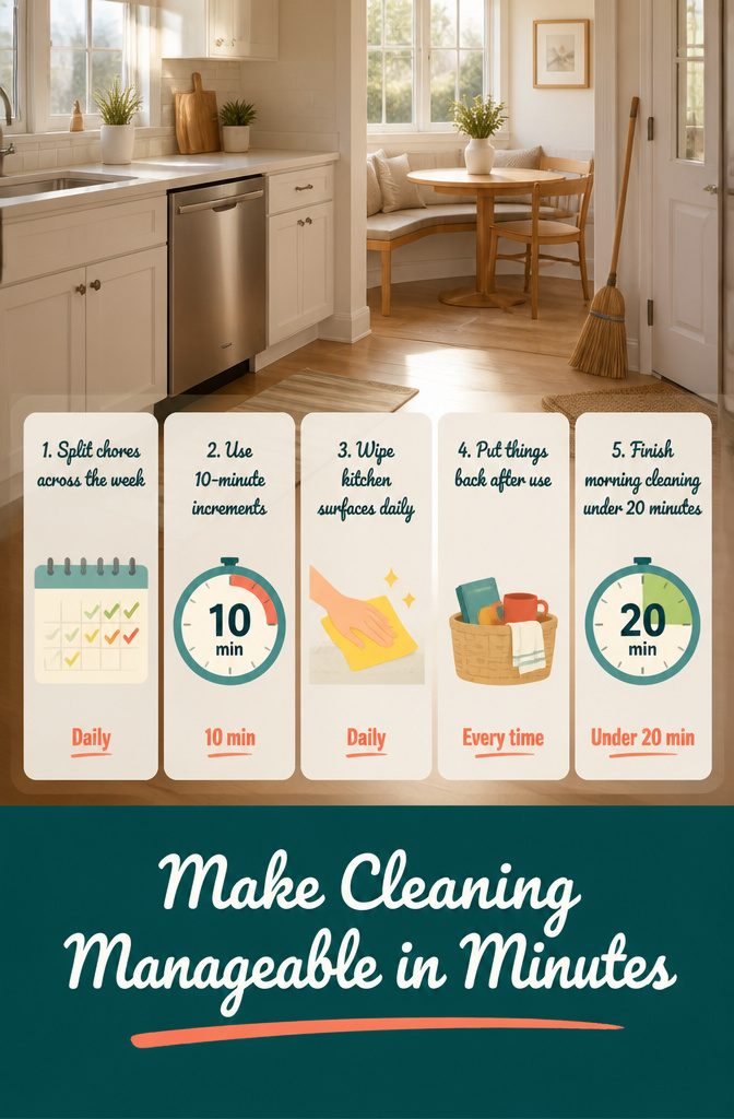 Cleaning task graphic about short chores and manageable routines
