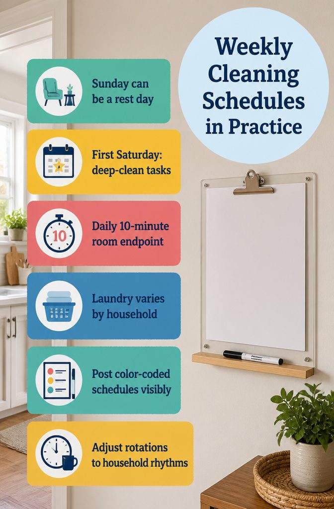 Weekly cleaning schedule graphic with room assignments and rest day