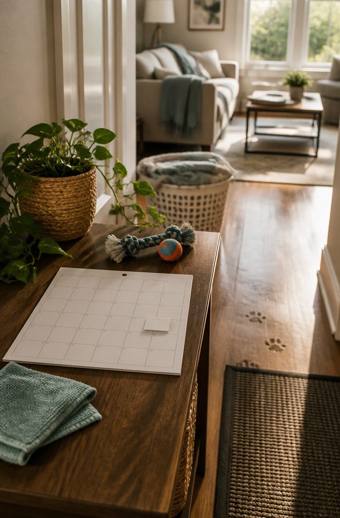 Paper calendar with a movable tab laundry basket cloth and pet toys