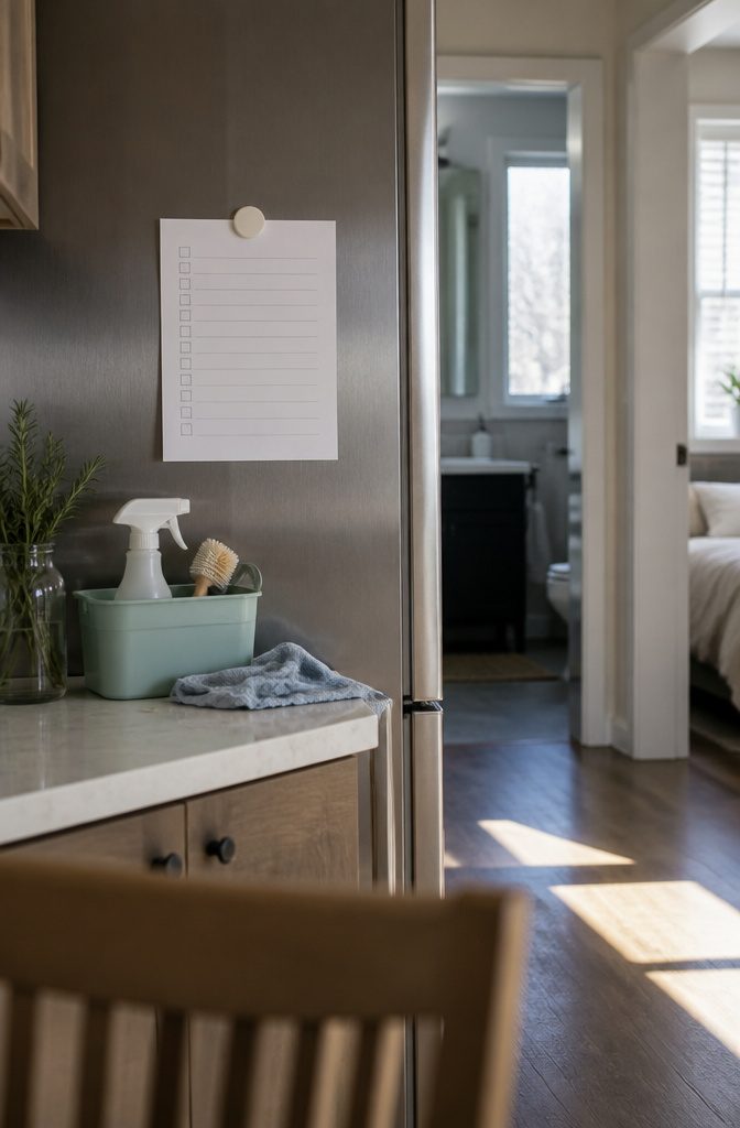 Home interior with a cleaning checklist kept in view