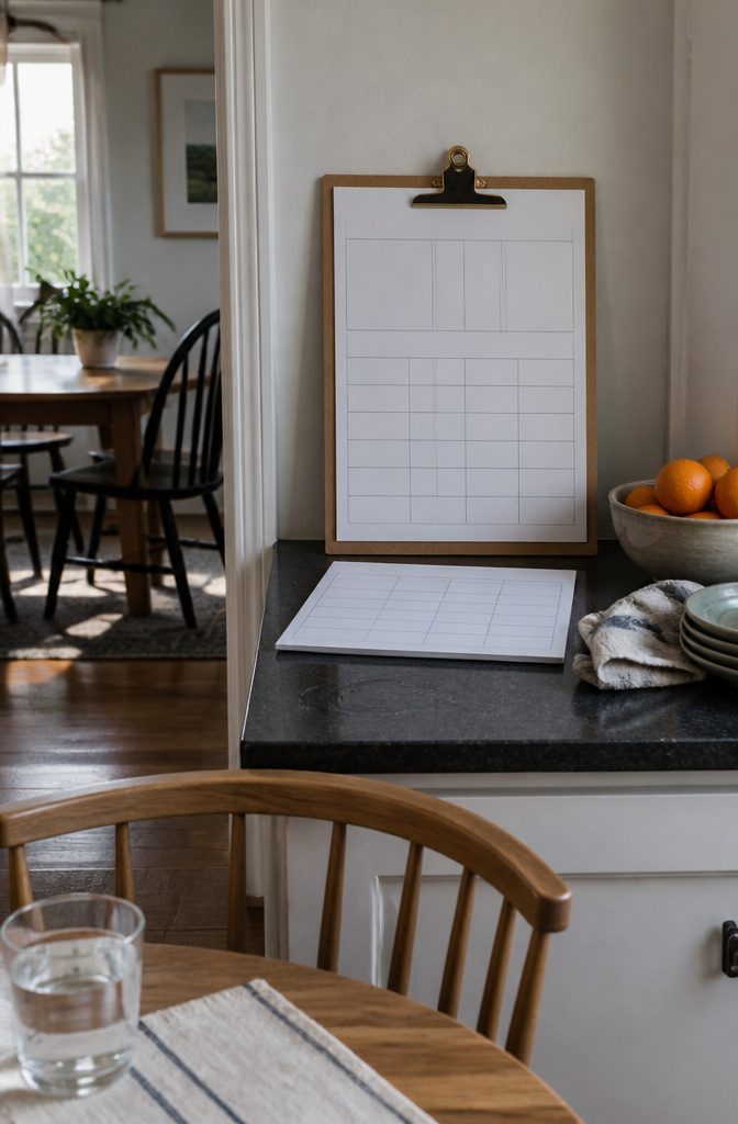 Blank cleaning schedule and chore chart on a kitchen counter