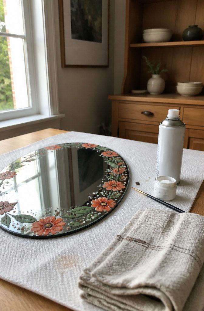 How to Paint Mirrors: 8 Steps to Follow 10 Mirror with white painted dots and highlights beside fixative spray and a detail brush