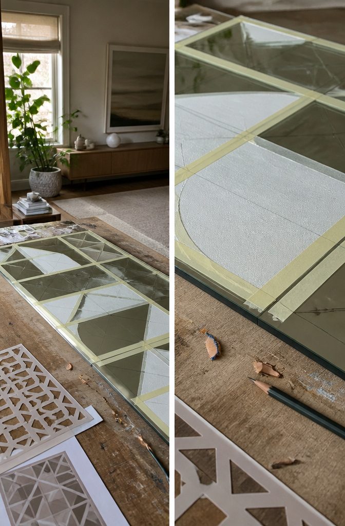 How to Paint Mirrors: 8 Steps to Follow 7 Mirror glass with a penciled design and painter's tape marking its edges