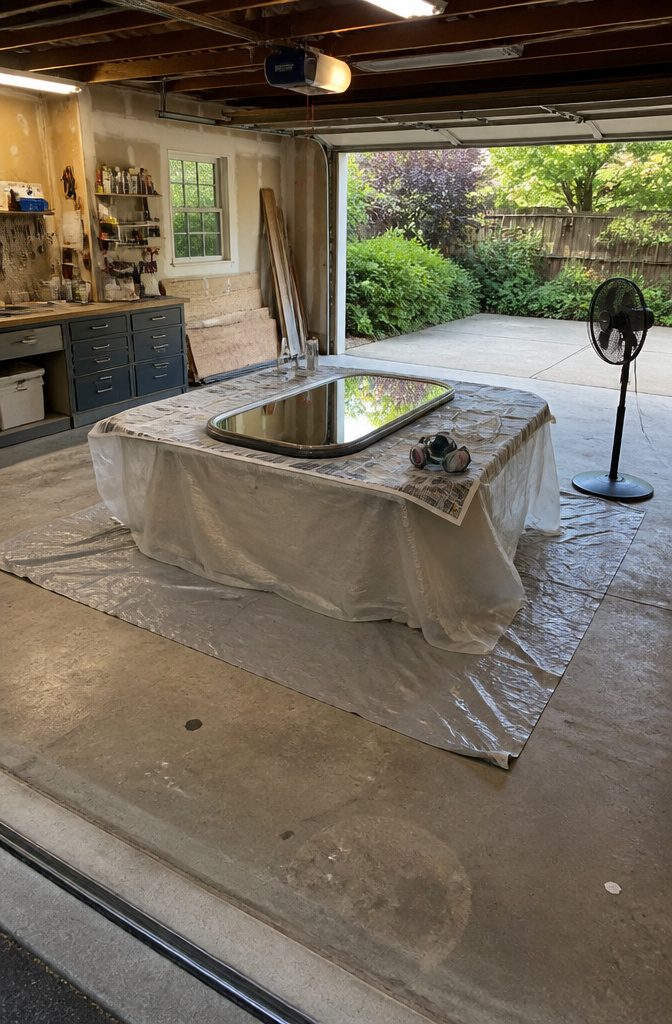 How to Paint Mirrors: 8 Steps to Follow 4 Mirror laid flat on a tarp-covered table in a ventilated work area