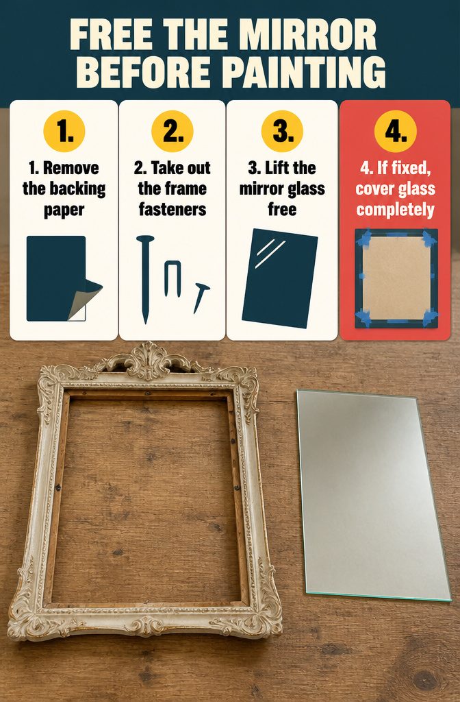 How to Paint Mirrors: 8 Steps to Follow 5 Mirror glass removed from its frame beside the frame and backing