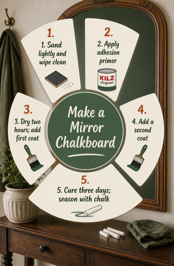 How to Paint Mirrors: 8 Steps to Follow 13 Mirror with a green chalkboard-painted surface and chalk beside it