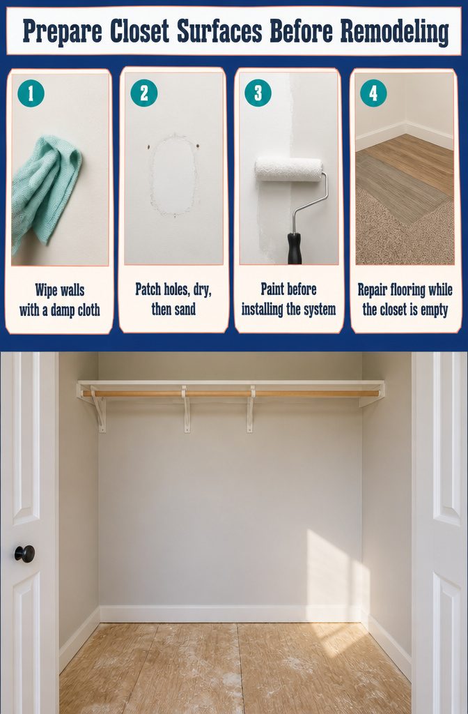 How to Remodel a Bedroom Closet: 7 Steps From Empty to Finished 3 Closet surface preparation graphic with cleaning and repair steps