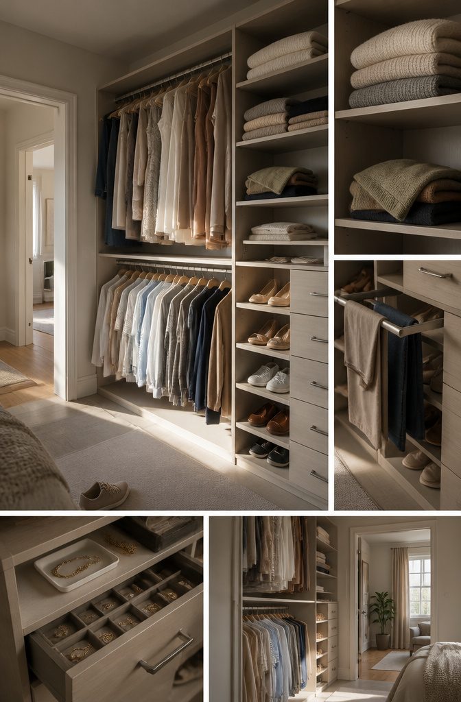 How to Remodel a Bedroom Closet: 7 Steps From Empty to Finished 6 Closet with hanging clothes and folded sweaters on shelves