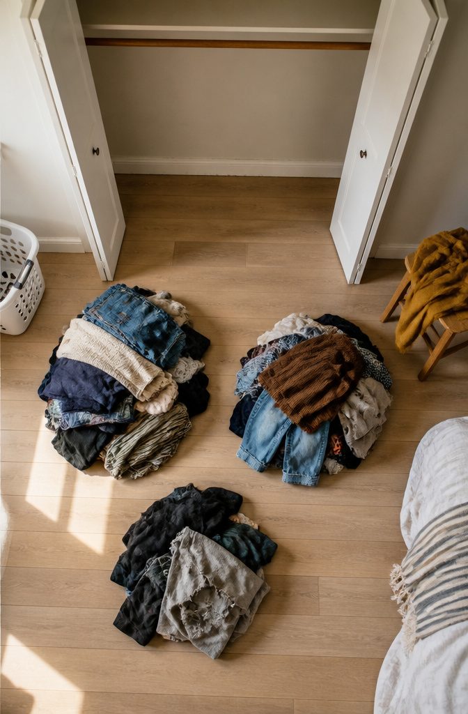 How to Remodel a Bedroom Closet: 7 Steps From Empty to Finished 2 Empty bedroom closet beside sorted clothing piles