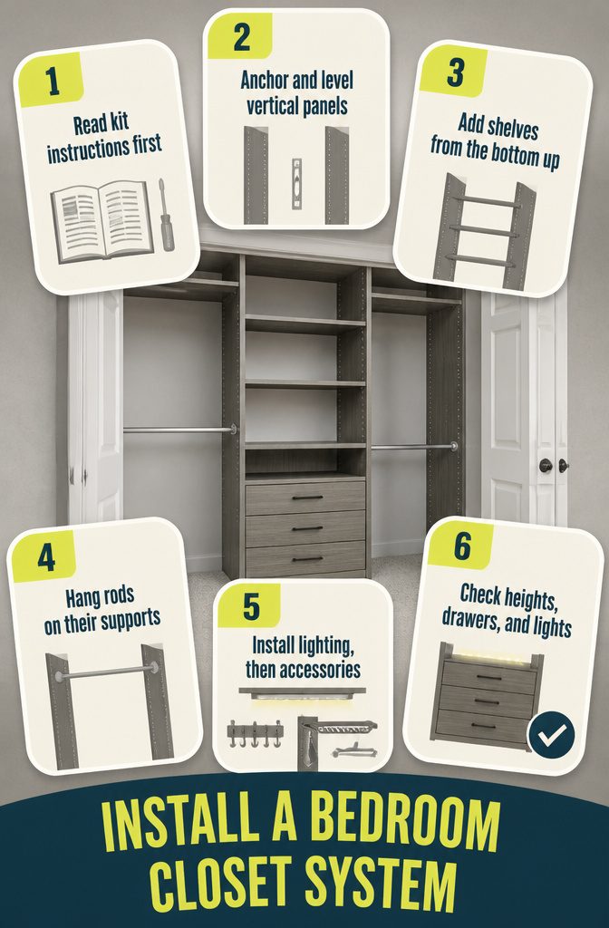 How to Remodel a Bedroom Closet: 7 Steps From Empty to Finished 7 Bedroom closet installation graphic with system components