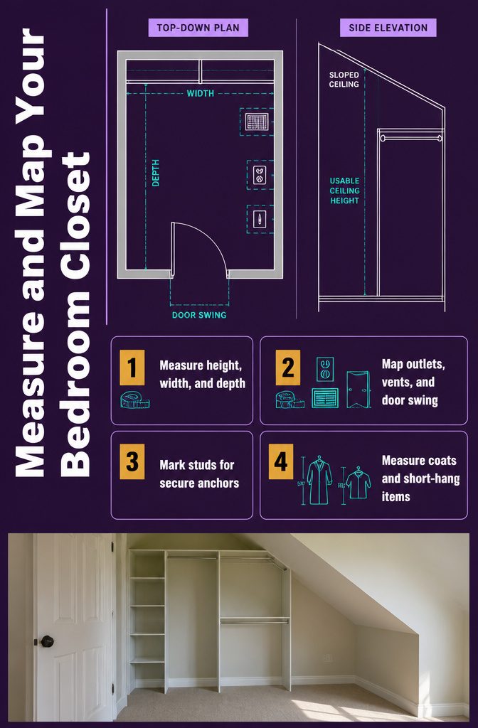 How to Remodel a Bedroom Closet: 7 Steps From Empty to Finished 4 Bedroom closet measurement diagram with walls and obstacles marked