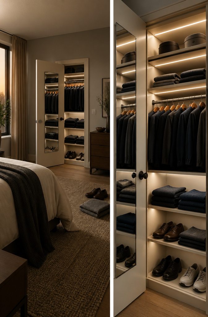 How to Remodel a Bedroom Closet: 7 Steps From Empty to Finished 10 Closet shelves with LED strip lighting and stored clothing