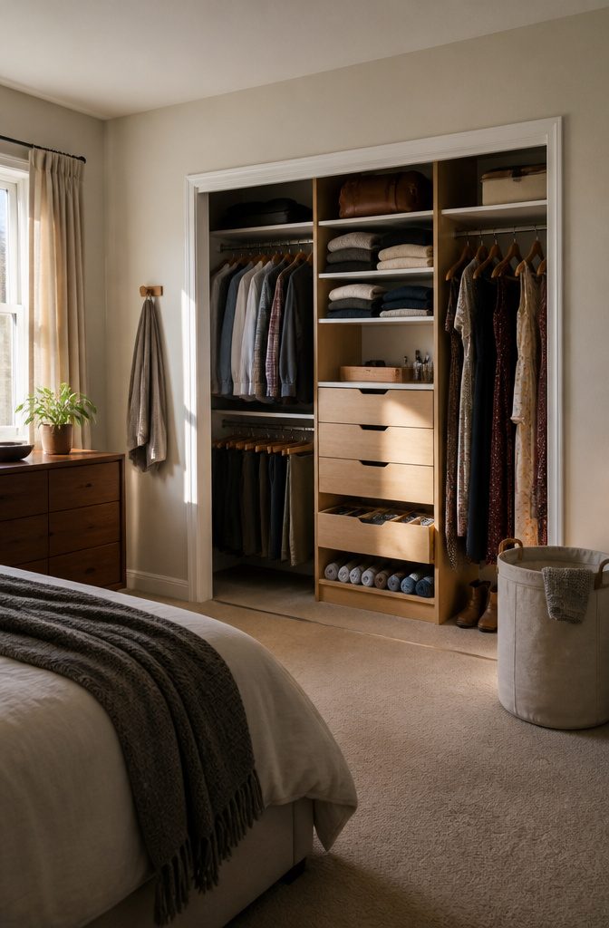 How to Remodel a Bedroom Closet: 7 Steps From Empty to Finished 8 Bedroom closet with clothes and accessories stored by category