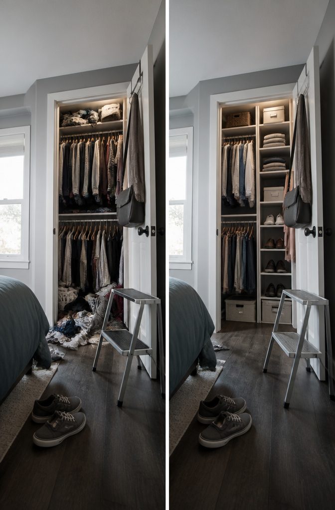 How to Remodel a Bedroom Closet: 7 Steps From Empty to Finished 9 Closet with upper and lower rods holding short garments