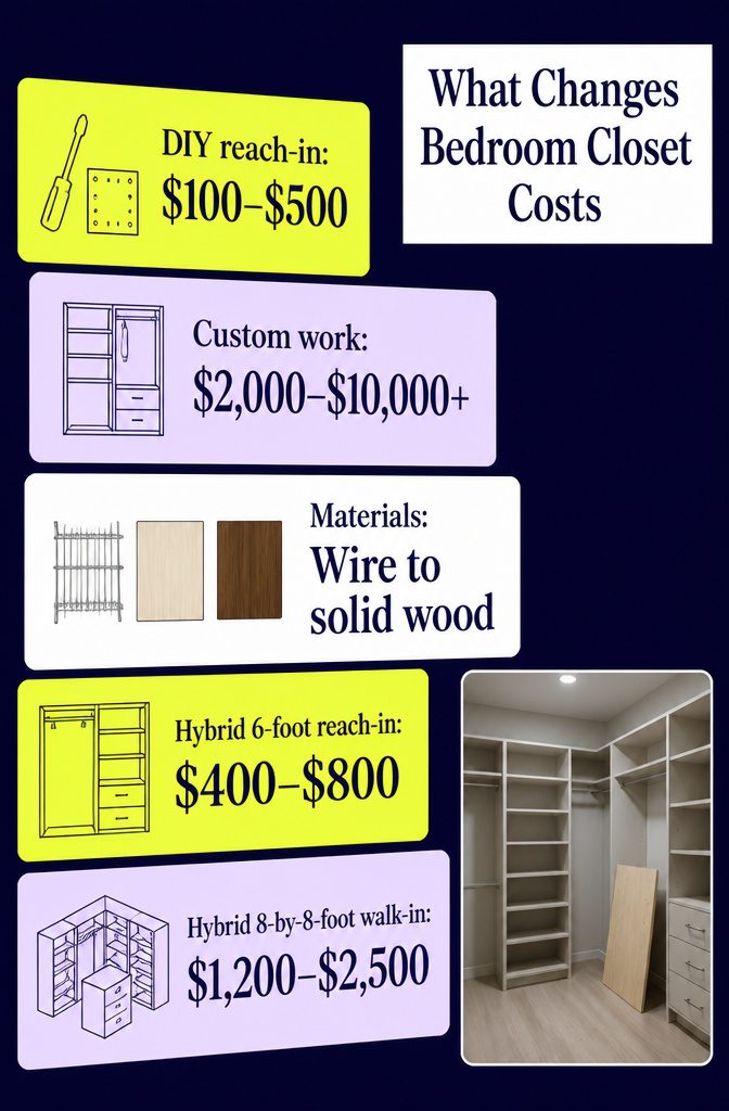 How to Remodel a Bedroom Closet: 7 Steps From Empty to Finished 11 Bedroom closet cost graphic listing system and material factors