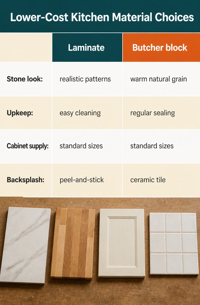 How to Renovate a Kitchen on a Budget: 12 Methods 6 Kitchen material guide titled Lower-Cost Kitchen Material Choices