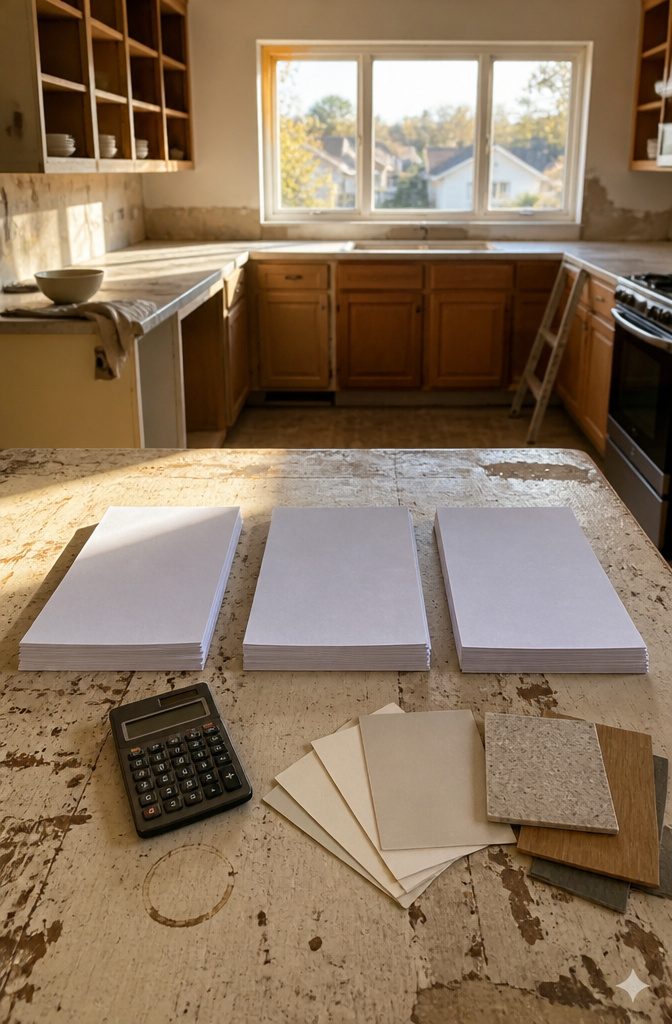 How to Renovate a Kitchen on a Budget: 12 Methods 4 Three quote stacks beside a calculator and paint chips on a chipped kitchen table