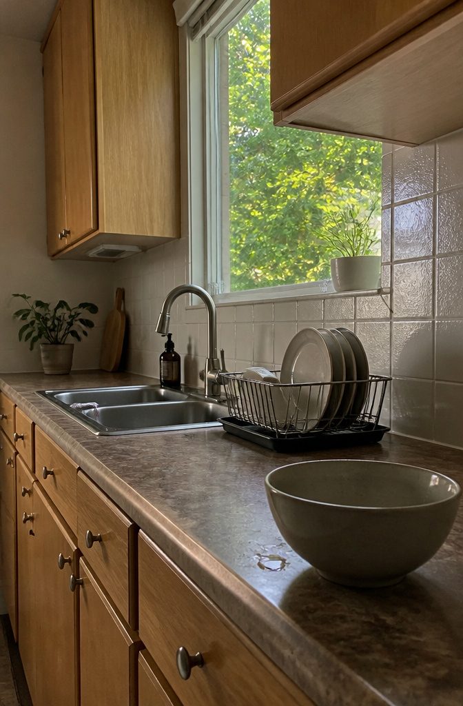 How to Renovate a Kitchen on a Budget: 12 Methods 9 Pale painted ceramic tile backsplash with visible grout lines