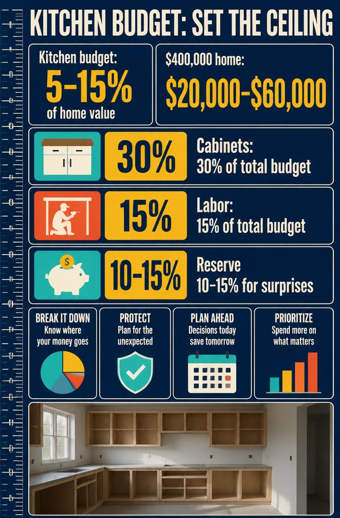 How to Renovate a Kitchen on a Budget: 12 Methods 3 Kitchen budget graphic titled Kitchen Budget: Set the Ceiling