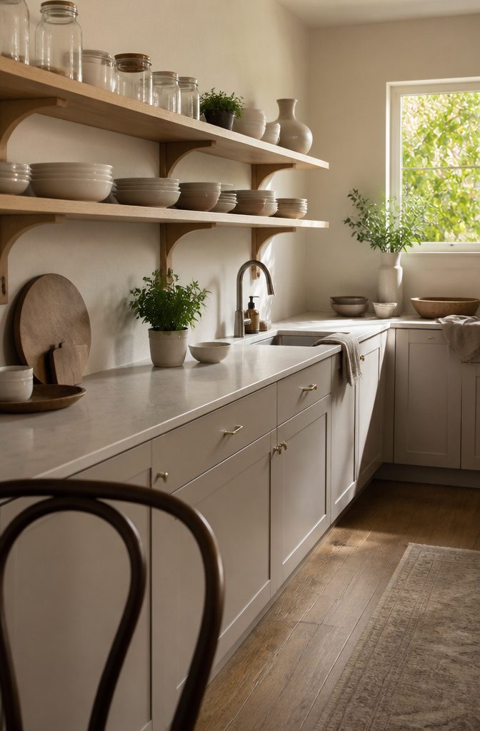 How to Renovate a Kitchen on a Budget: 12 Methods 12 Two pale wood shelves with dishes jars and a plant above lower cabinets
