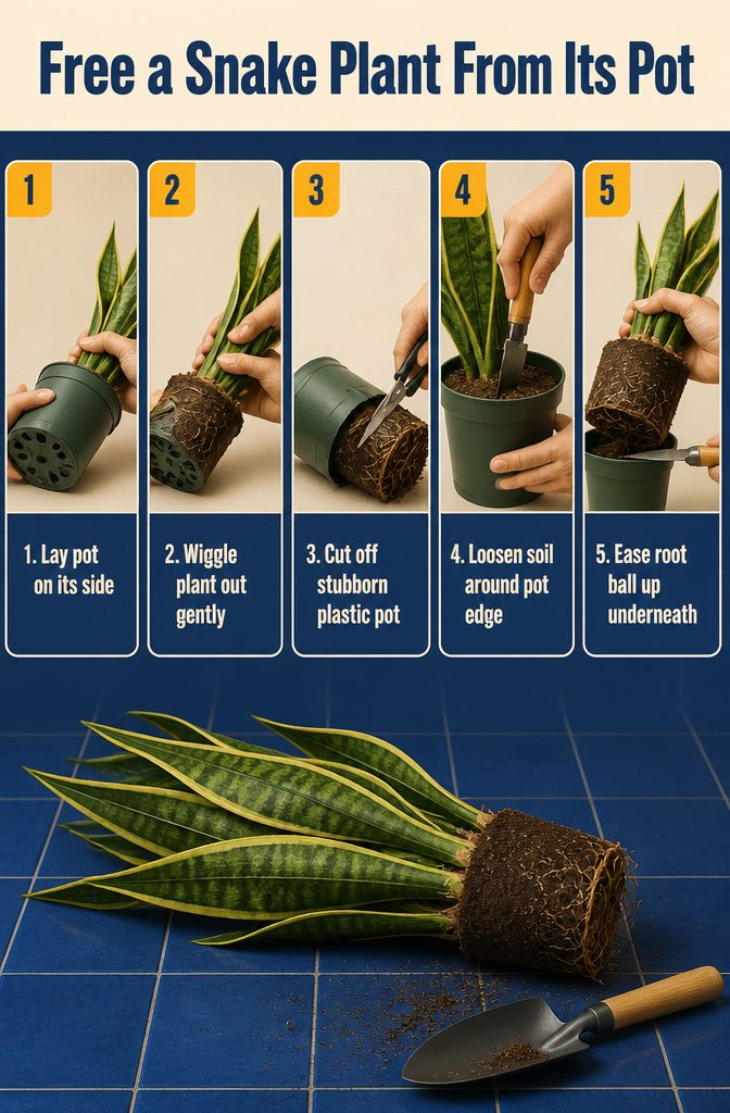 How to Repot a Snake Plant in 6 Steps 4 Hands loosening a snake plant from its pot with the container on its side