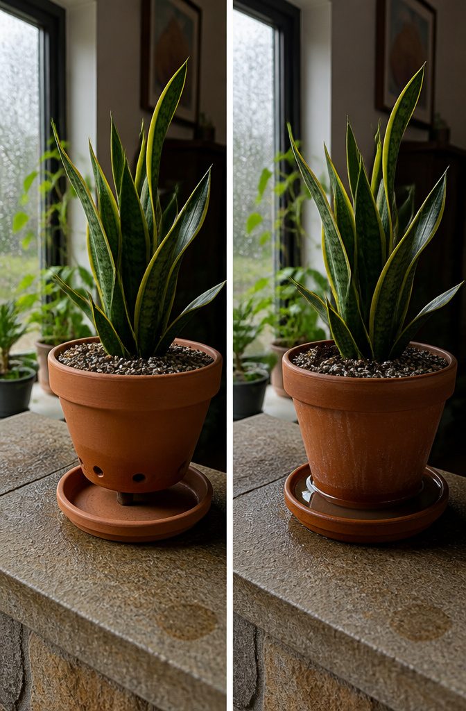 How to Repot a Snake Plant in 6 Steps 8 Snake plant pot with drainage holes above a removable saucer