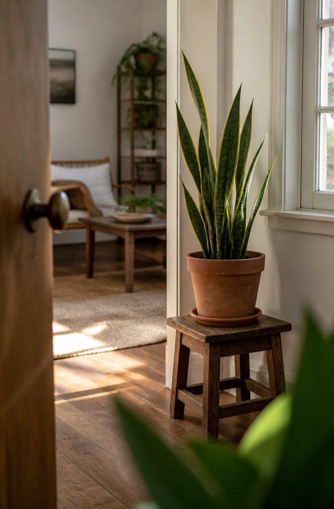 How to Repot a Snake Plant in 6 Steps 9 Mature snake plant in a clay pot beside a bright window
