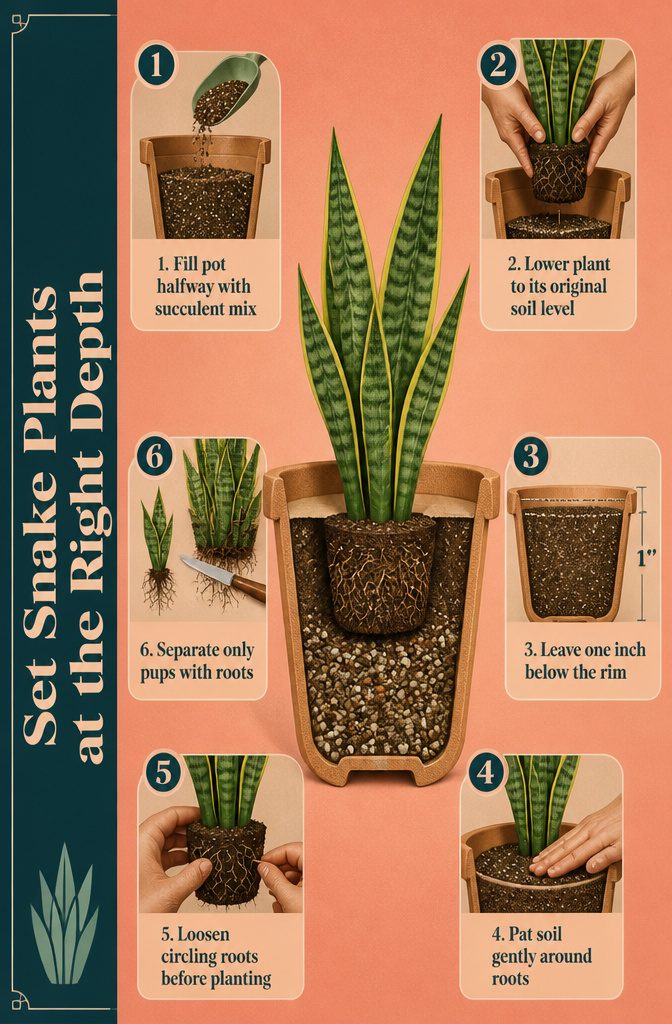 How to Repot a Snake Plant in 6 Steps 6 Snake plant centered in a new pot as soil is added around its root ball