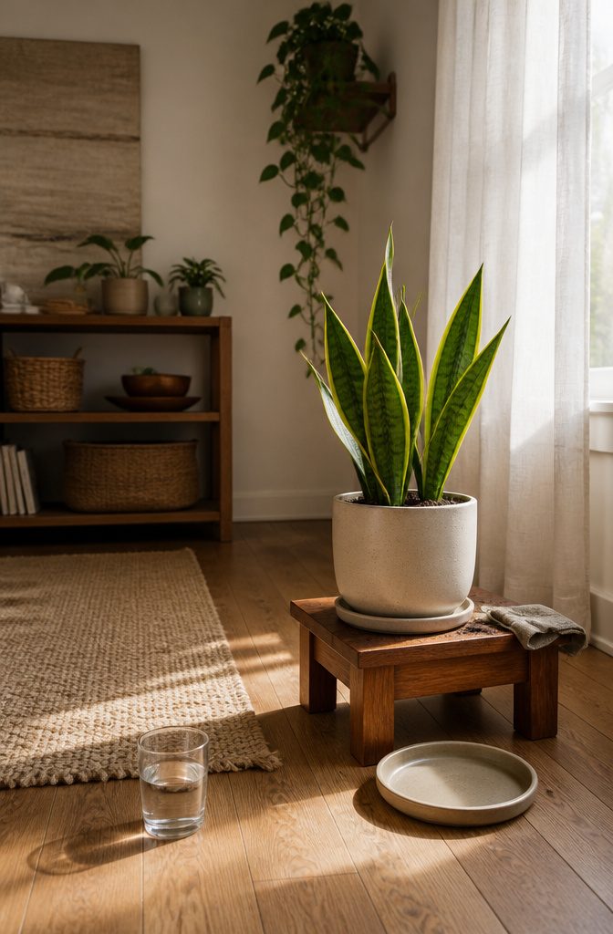 How to Repot a Snake Plant in 6 Steps 7 Repotted snake plant in a pot beside a saucer in bright indirect light