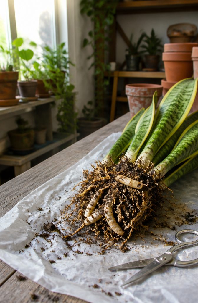 How to Repot a Snake Plant in 6 Steps 5 Snake plant root ball with white roots pale rhizomes and open pruning scissors