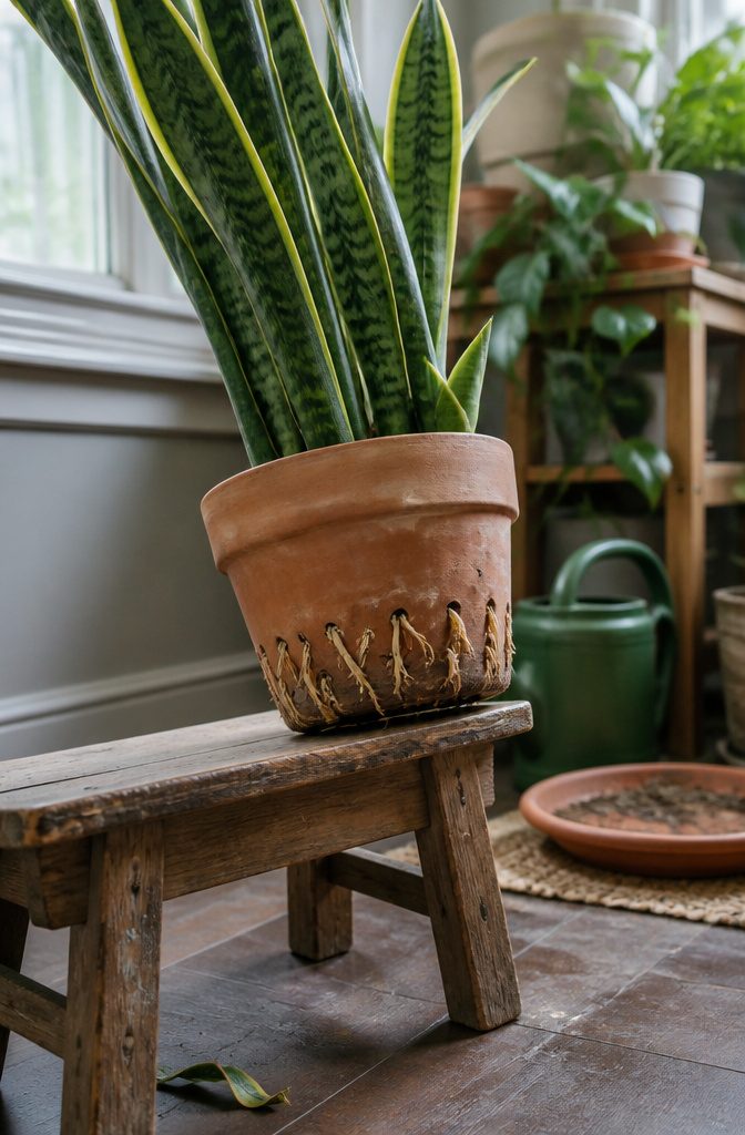 How to Repot a Snake Plant in 6 Steps 2 Snake plant in a clay pot with exposed roots and a small pup at its base