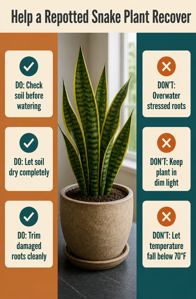 How to Repot a Snake Plant in 6 Steps 11 Repotted snake plant with drooping yellow leaves in a new pot